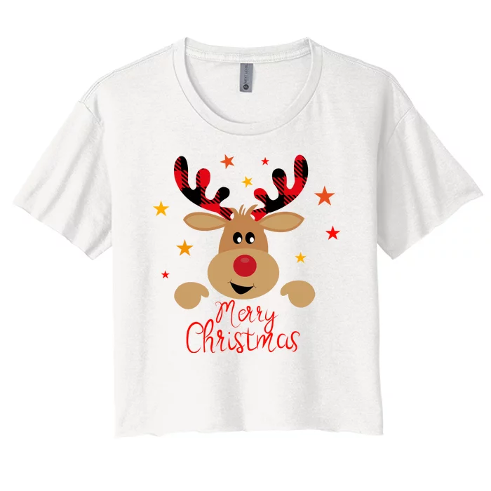 Merry Christmas Reindeer Holiday Cute Women's Crop Top Tee