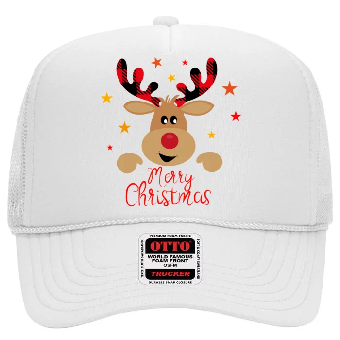 Merry Christmas Reindeer Cute Holiday High Crown Mesh Trucker Hat