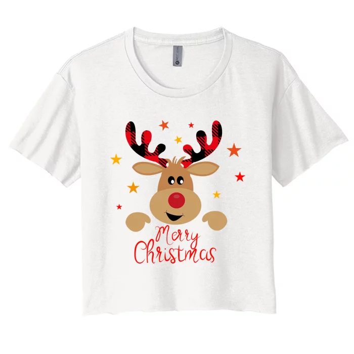 Merry Christmas Reindeer Cute Holiday Women's Crop Top Tee