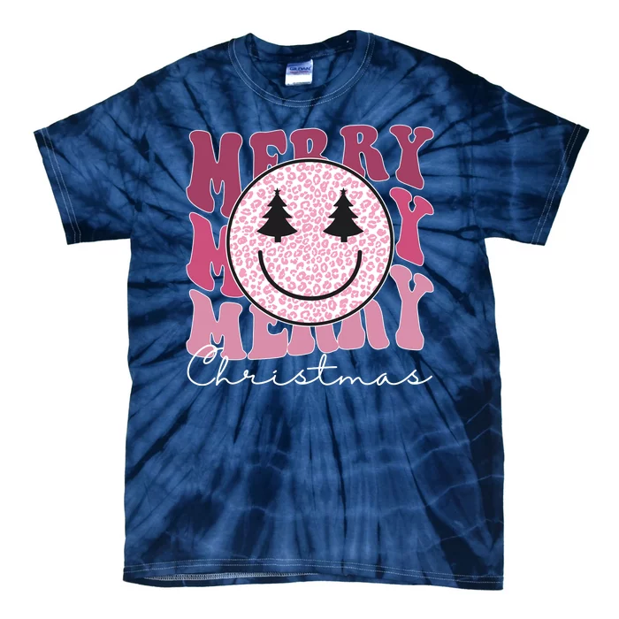 Merry Christmas Retro Leopard Smile Tie-Dye T-Shirt