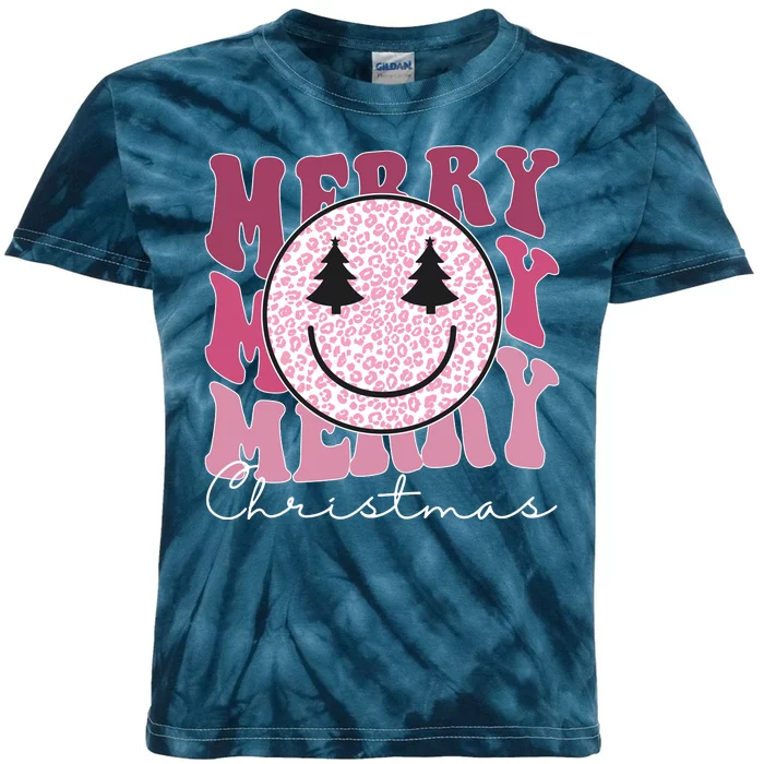 Merry Christmas Retro Leopard Smile Kids Tie-Dye T-Shirt