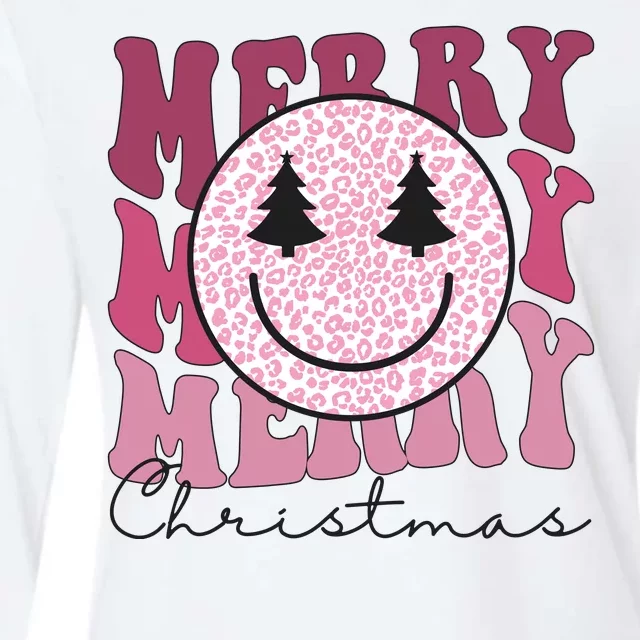 Merry Christmas Retro Leopard Smile Womens Cotton Relaxed Long Sleeve T-Shirt