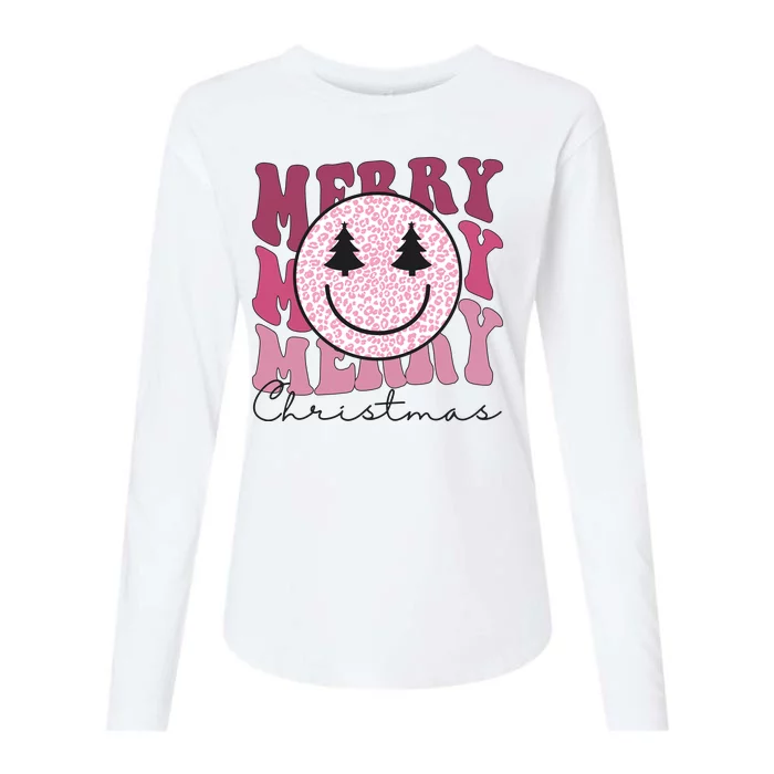 Merry Christmas Retro Leopard Smile Womens Cotton Relaxed Long Sleeve T-Shirt