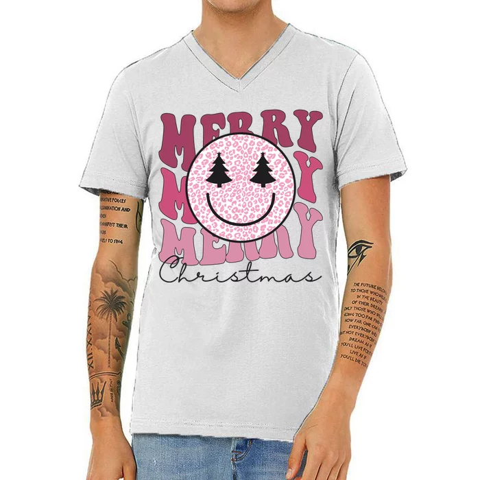 Merry Christmas Retro Leopard Smile V-Neck T-Shirt