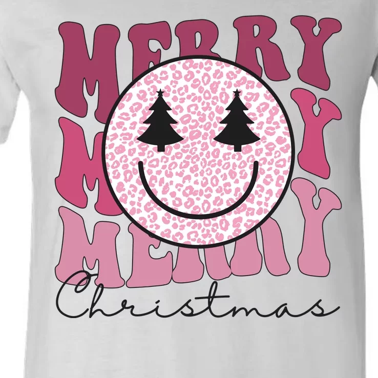 Merry Christmas Retro Leopard Smile V-Neck T-Shirt