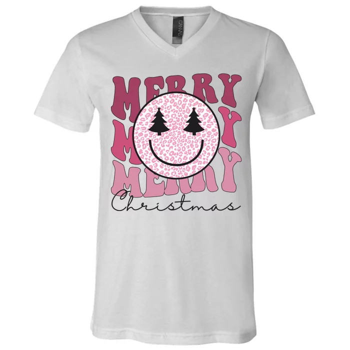 Merry Christmas Retro Leopard Smile V-Neck T-Shirt