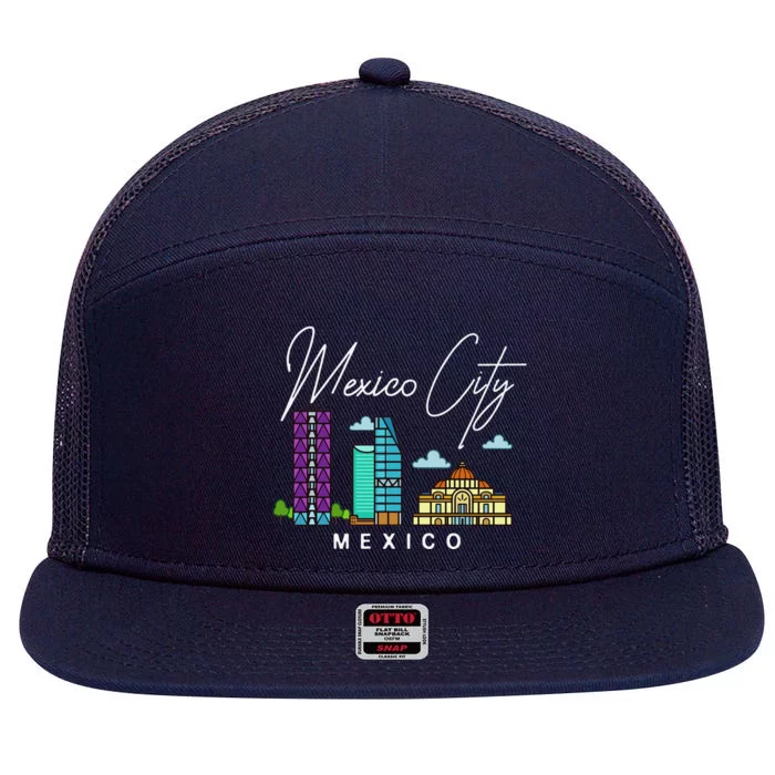 Mexico City Skyline Map Travel Sweat 7 Panel Mesh Trucker Snapback Hat