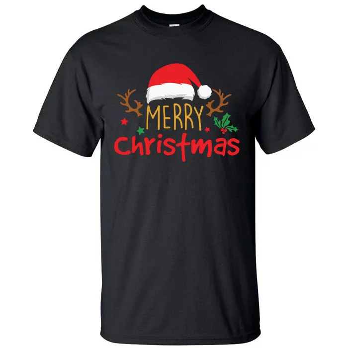 Merry Christmas Santa Hat Reindeer Funny Xmas Gift Tall T-Shirt