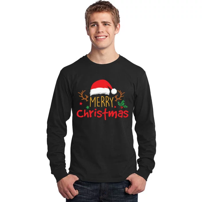 Merry Christmas Santa Hat Reindeer Funny Xmas Gift Tall Long Sleeve T-Shirt