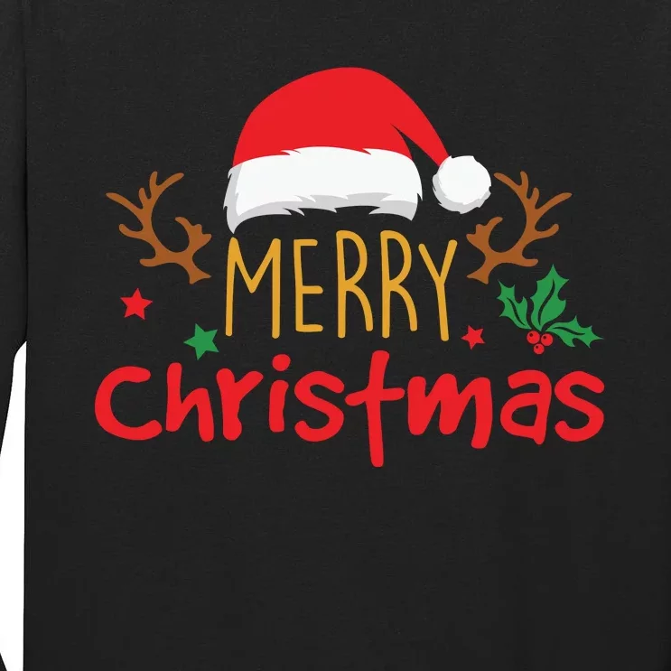 Merry Christmas Santa Hat Reindeer Funny Xmas Gift Tall Long Sleeve T-Shirt