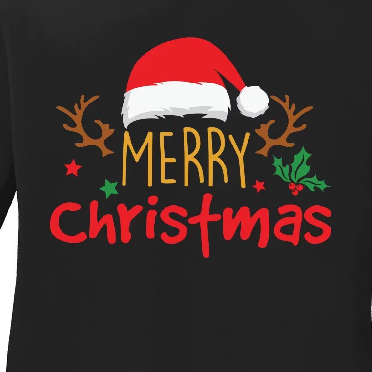 Merry Christmas Santa Hat Reindeer Funny Xmas Gift Ladies Long Sleeve Shirt