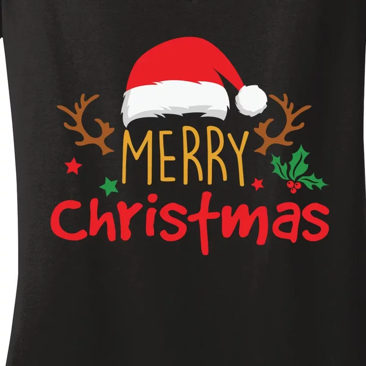 Merry Christmas Santa Hat Reindeer Funny Xmas Gift Women's V-Neck T-Shirt