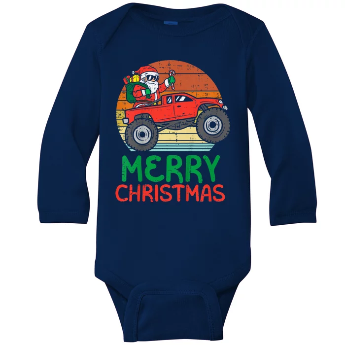 Merry Christmas Santa Monster Truck Xmas Pj Baby Long Sleeve Bodysuit