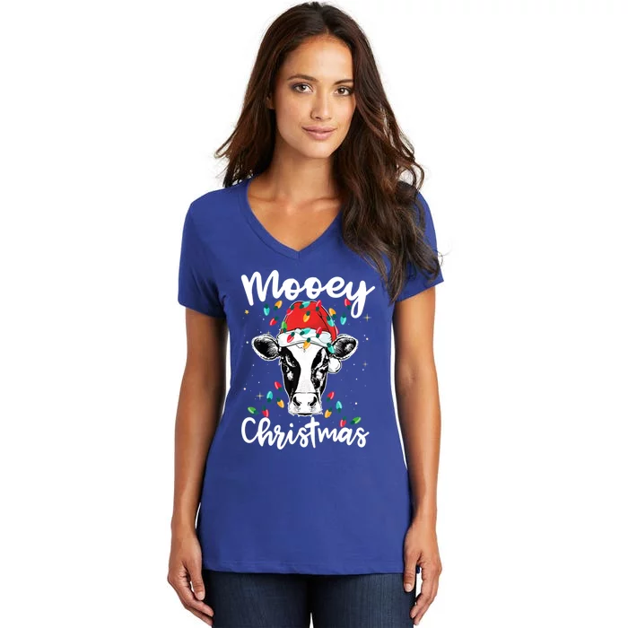 Mooey Christmas Santa Christmas Lights Cow Lovers Gift Women's V-Neck T-Shirt