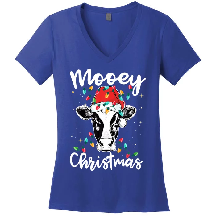 Mooey Christmas Santa Christmas Lights Cow Lovers Gift Women's V-Neck T-Shirt