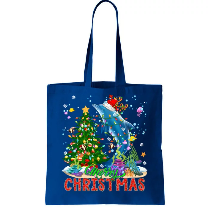 Merry Christmas Santa Reindeer Dolphin Xmas Tree Lights Funny Gift Tote Bag