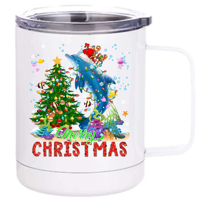 Merry Christmas Santa Reindeer Dolphin Xmas Tree Lights Funny Gift Front & Back 12oz Stainless Steel Tumbler Cup