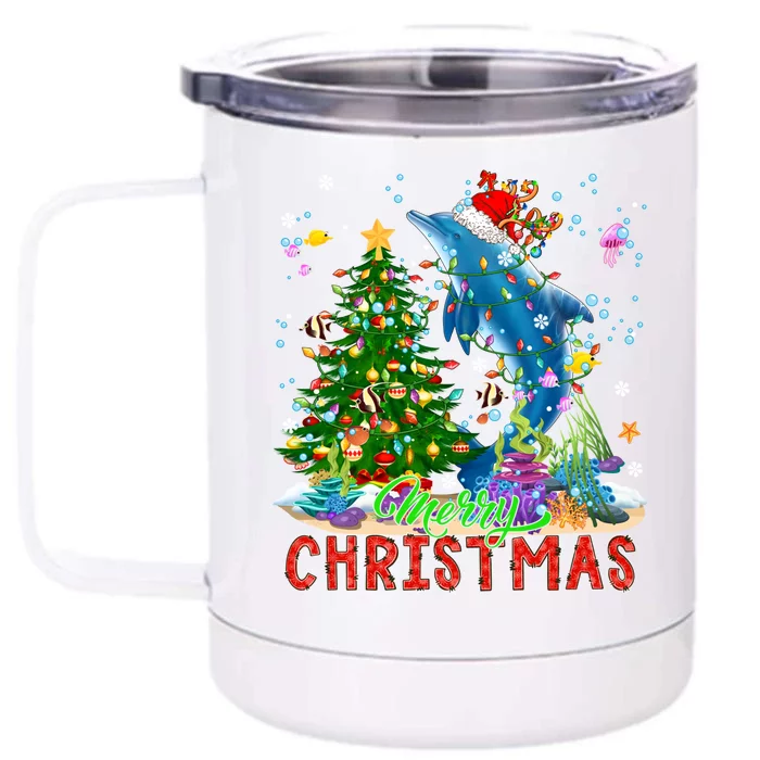 Merry Christmas Santa Reindeer Dolphin Xmas Tree Lights Funny Gift Front & Back 12oz Stainless Steel Tumbler Cup