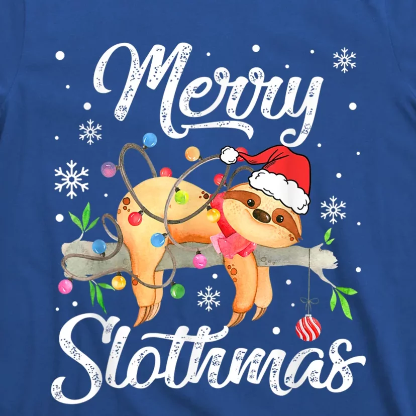 Merry Christmas Slothmas Funny Santa Hat Sloth Xmas Lights Funny Gift T-Shirt