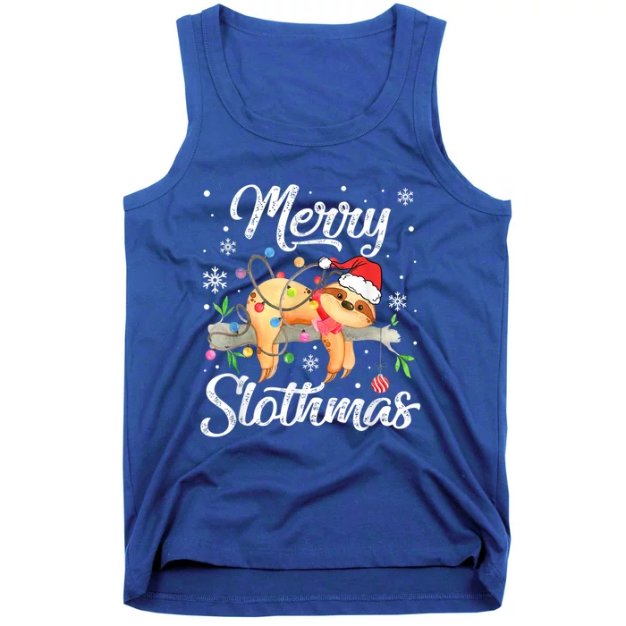 Merry Christmas Slothmas Funny Santa Hat Sloth Xmas Lights Funny Gift Tank Top