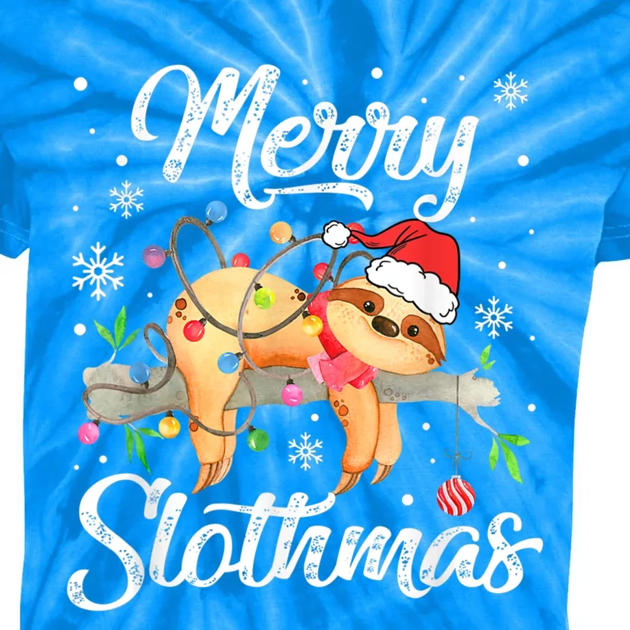 Merry Christmas Slothmas Funny Santa Hat Sloth Xmas Lights Funny Gift Kids Tie-Dye T-Shirt