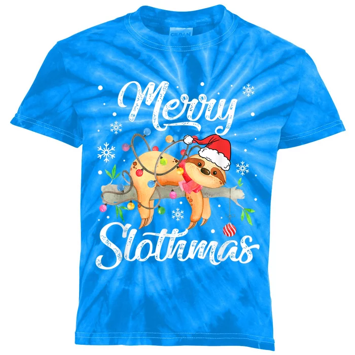 Merry Christmas Slothmas Funny Santa Hat Sloth Xmas Lights Funny Gift Kids Tie-Dye T-Shirt