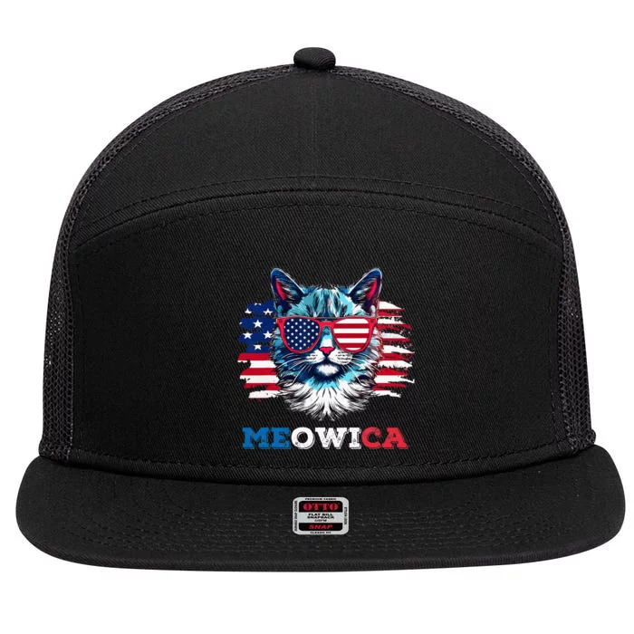 Meowica Cat Sunglasses American Flag USA Cat 4th of July 7 Panel Mesh Trucker Snapback Hat