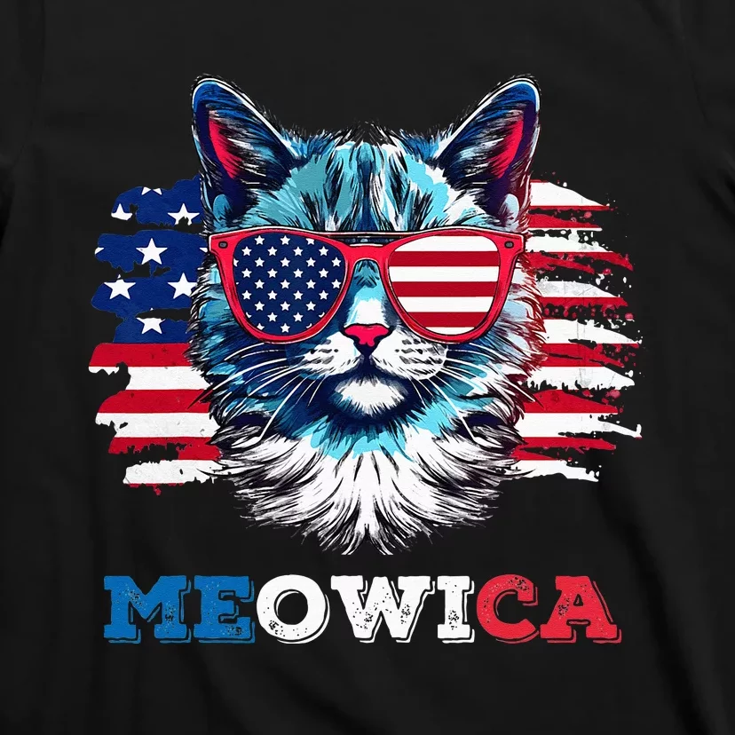 Meowica Cat Sunglasses American Flag USA Cat 4th of July T-Shirt