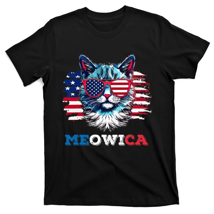 Meowica Cat Sunglasses American Flag USA Cat 4th of July T-Shirt