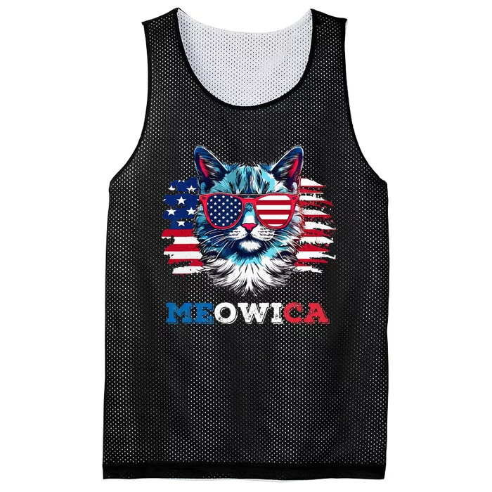 Meowica Cat Sunglasses American Flag USA Cat 4th of July Mesh Reversible Basketball Jersey Tank