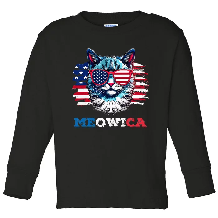 Meowica Cat Sunglasses American Flag USA Cat 4th of July Toddler Long Sleeve Shirt