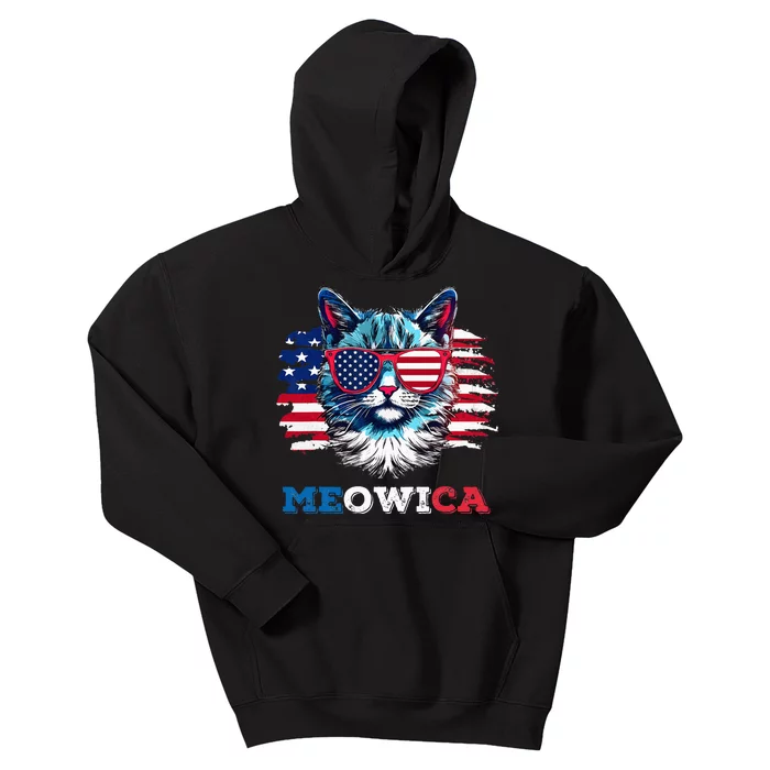 Meowica Cat Sunglasses American Flag USA Cat 4th of July Kids Hoodie