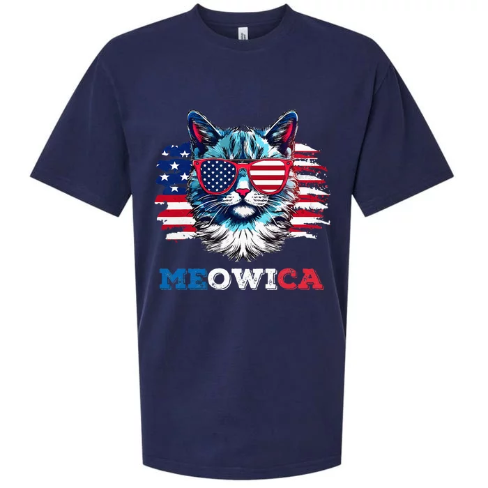 Meowica Cat Sunglasses American Flag USA Cat 4th of July Sueded Cloud Jersey T-Shirt