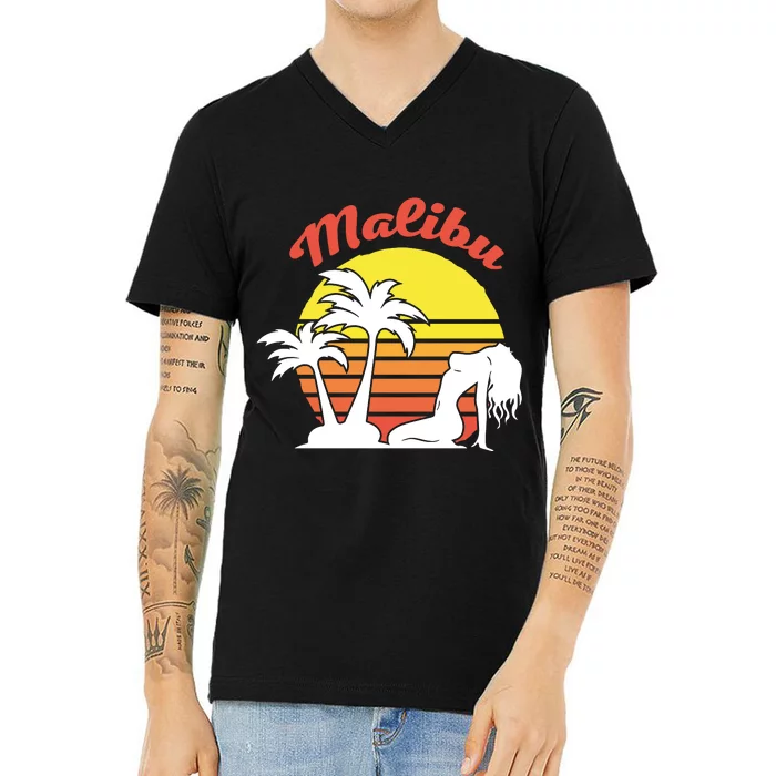 Malibu California Summer Vacation Beach Theme V-Neck T-Shirt