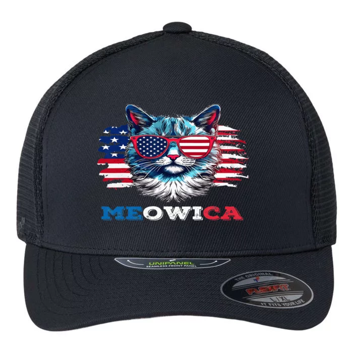 Meowica Cat Sunglasses American Flag USA Cat 4Th Of July Flexfit Unipanel Trucker Cap