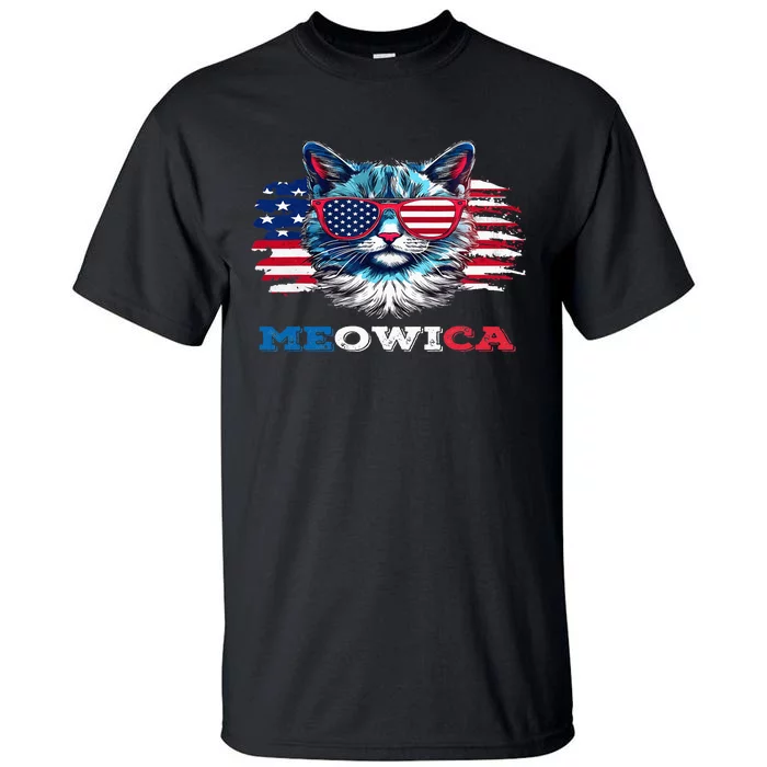 Meowica Cat Sunglasses American Flag USA Cat 4Th Of July Tall T-Shirt