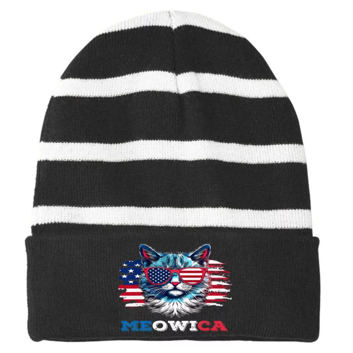 Meowica Cat Sunglasses American Flag USA Cat 4Th Of July Striped Beanie with Solid Band