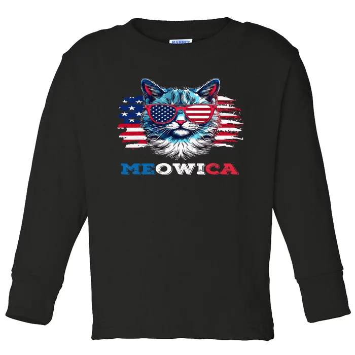 Meowica Cat Sunglasses American Flag USA Cat 4Th Of July Toddler Long Sleeve Shirt