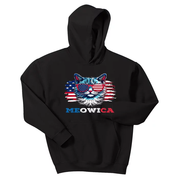 Meowica Cat Sunglasses American Flag USA Cat 4Th Of July Kids Hoodie