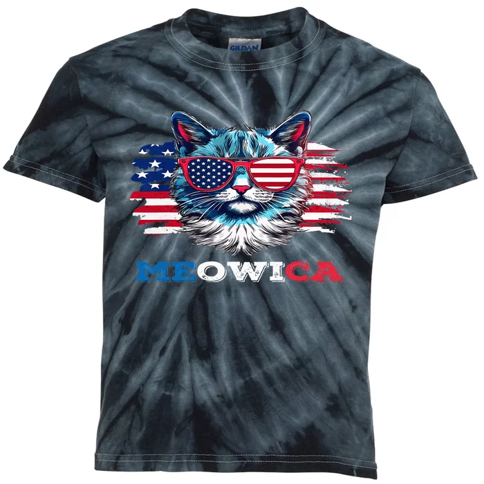 Meowica Cat Sunglasses American Flag USA Cat 4Th Of July Kids Tie-Dye T-Shirt