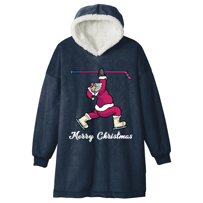 Merry Christmas Santa Ice Hockey Player Funny Hockey Game Gift Hooded Wearable Blanket