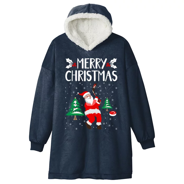 Merry Christmas Santa Ice Hockey Player Funny Hockey Game Gift Hooded Wearable Blanket