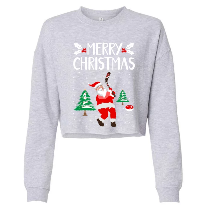 Merry Christmas Santa Ice Hockey Player Funny Hockey Game Gift Cropped Pullover Crew