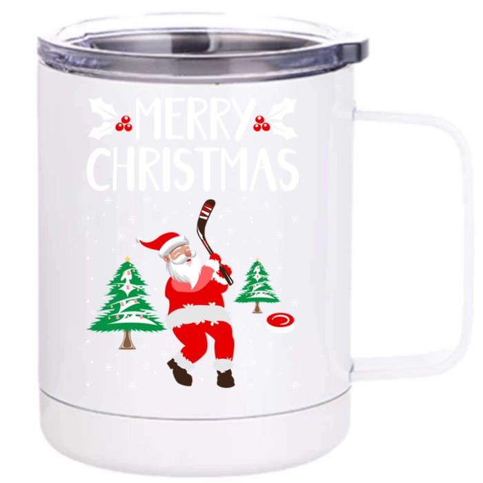 Merry Christmas Santa Ice Hockey Player Funny Hockey Game Gift Front & Back 12oz Stainless Steel Tumbler Cup