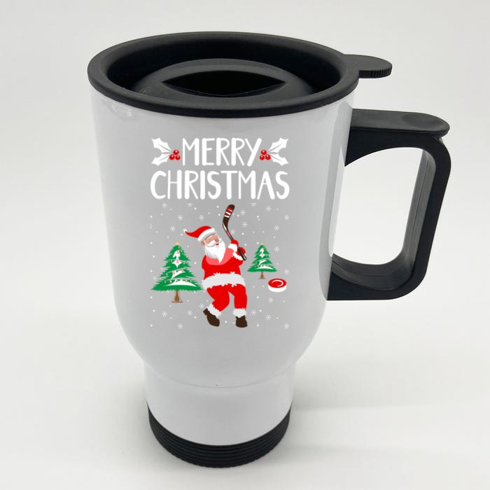 Merry Christmas Santa Ice Hockey Player Funny Hockey Game Gift Front & Back Stainless Steel Travel Mug