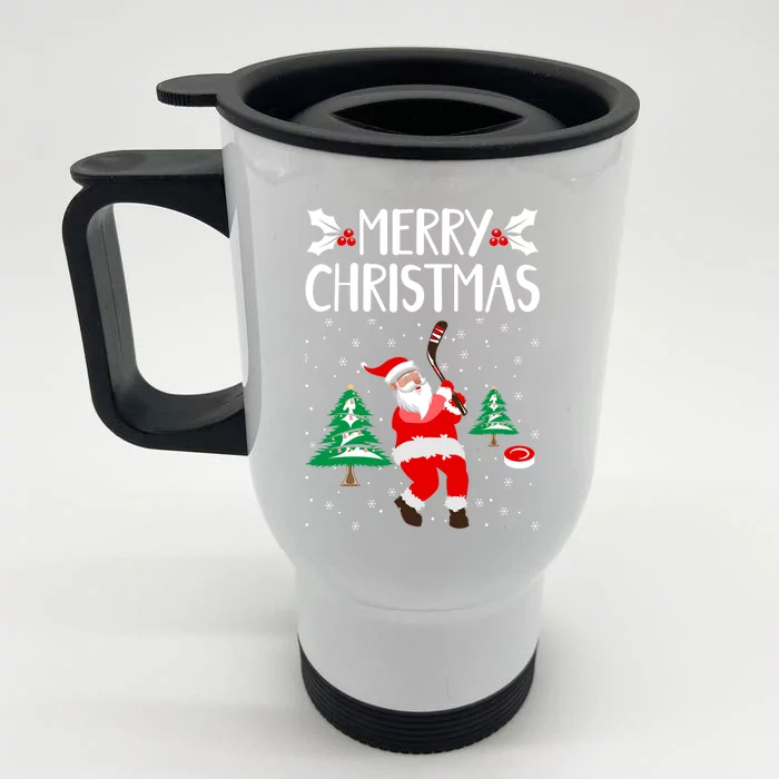 Merry Christmas Santa Ice Hockey Player Funny Hockey Game Gift Front & Back Stainless Steel Travel Mug