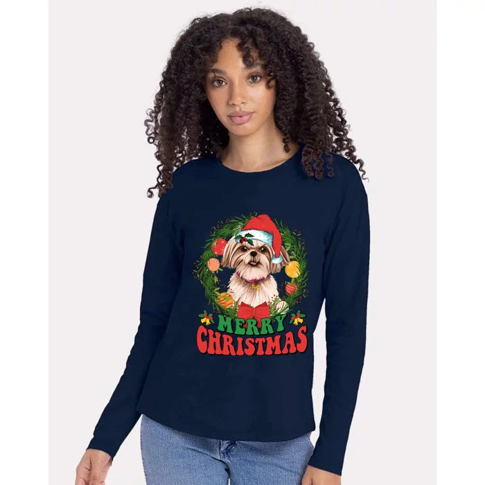 Merry Christmas Shih Tzu Santa Hat Dog Lovers Ugly Sweater Womens Cotton Relaxed Long Sleeve T-Shirt