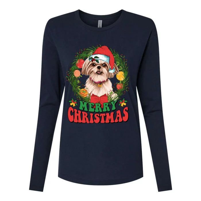 Merry Christmas Shih Tzu Santa Hat Dog Lovers Ugly Sweater Womens Cotton Relaxed Long Sleeve T-Shirt