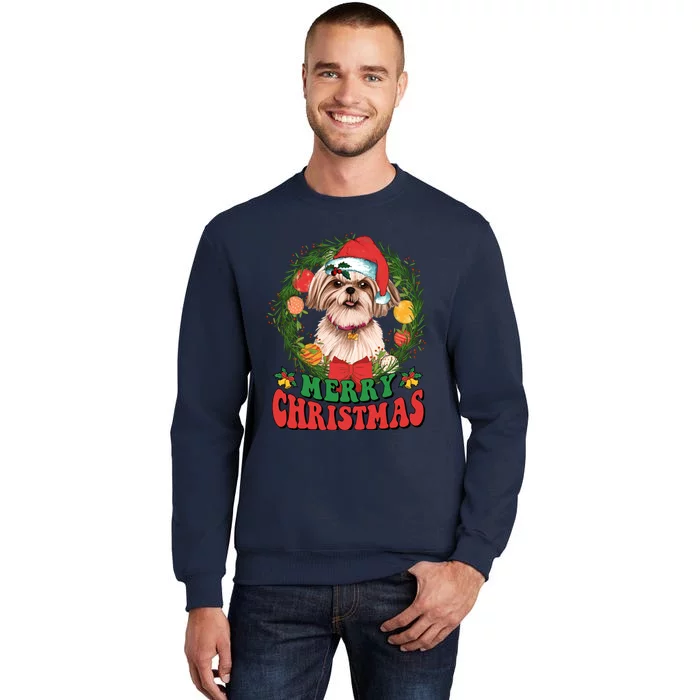 Merry Christmas Shih Tzu Santa Hat Dog Lovers Ugly Sweater Tall Sweatshirt