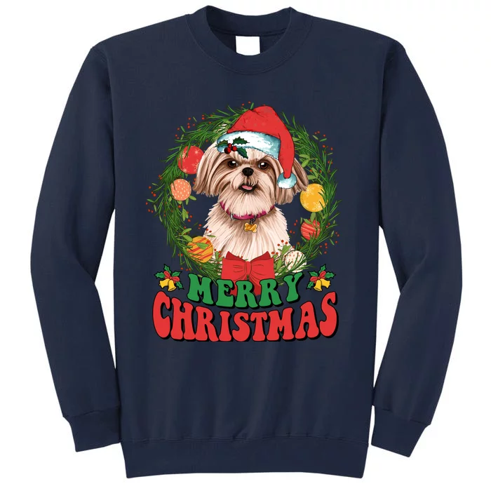 Merry Christmas Shih Tzu Santa Hat Dog Lovers Ugly Sweater Tall Sweatshirt